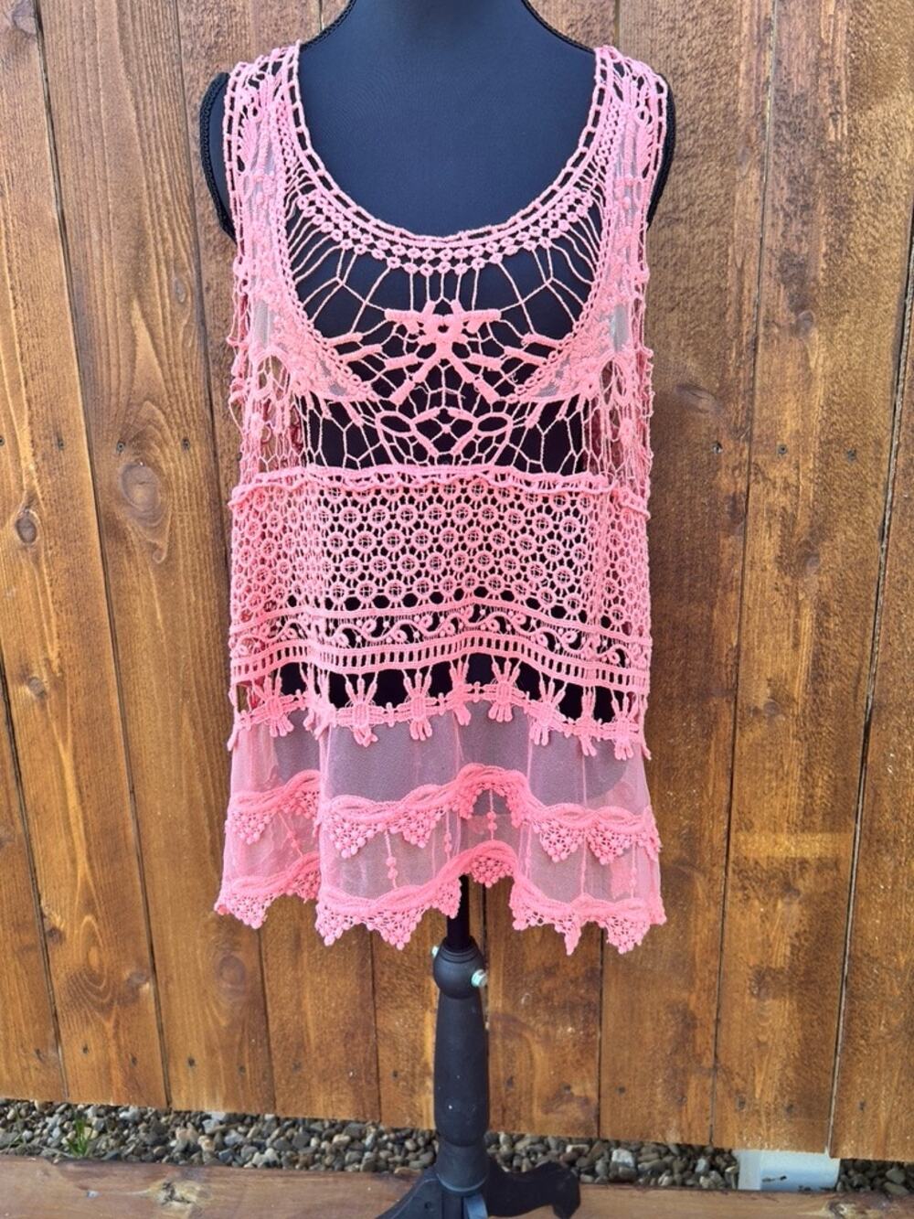 Signature Studio XL Pink Crochet Lace Boho Tank Top Festival Tiered Scallop